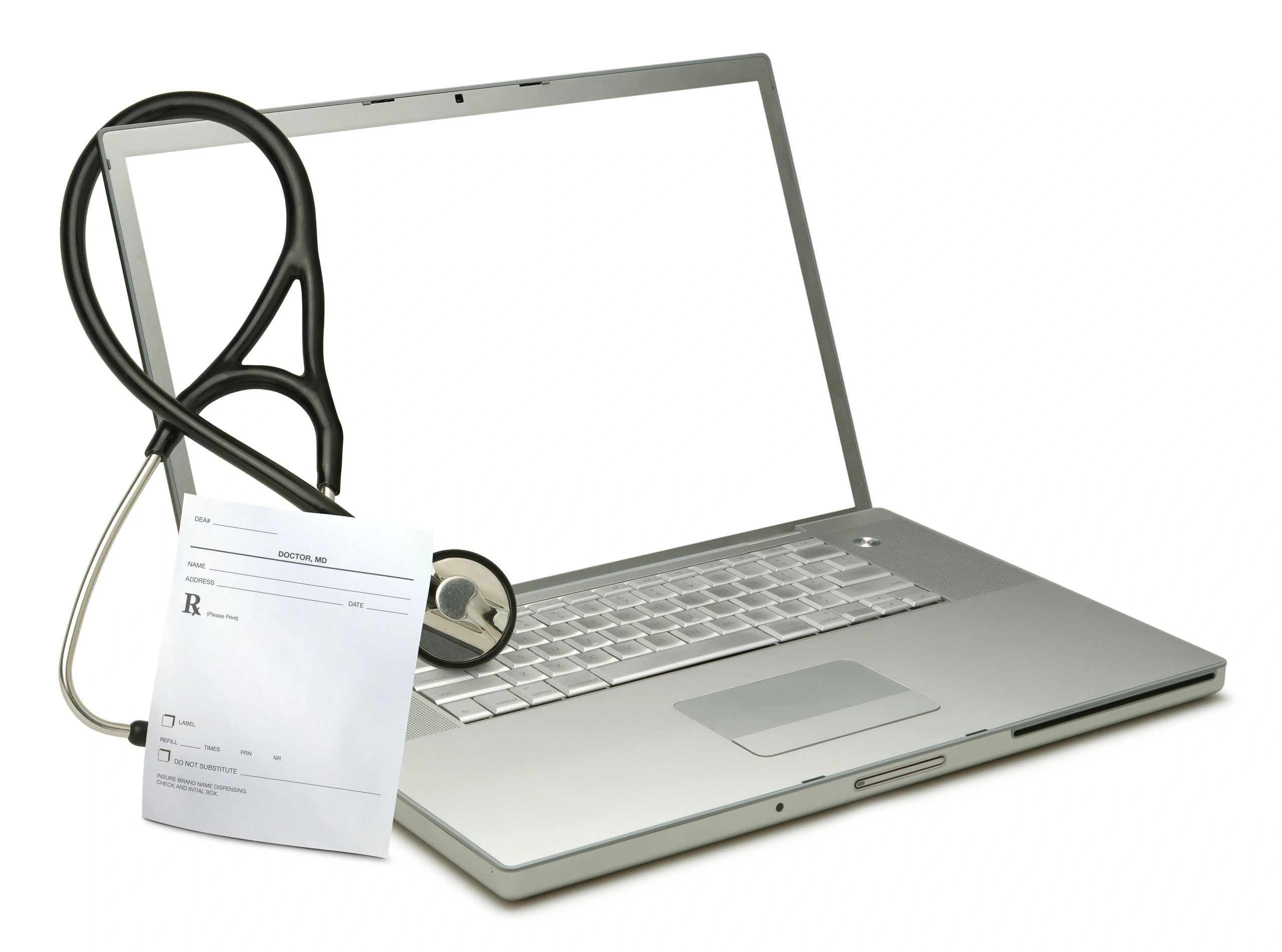 Medical workspace with computer and stethoscope
